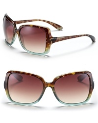 Oversized plastic sunglasses faded frames that goes from dark to light. Signature logo at temple.