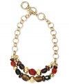 Jones New York's colorful cluster necklace features a two-row frontal design embellished with resin beads. Crafted from worn gold tone mixed metal. Approximate length: 17 inches + 3-inch extender.