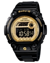 Rise and shine with the tides with this BLX series Baby-G watch. Crafted of black resin strap and round case with golden accents. Shock-resistant black negative digital display dial features tide graph, EL backlight with afterglow, day and date feature, world time, 2 multifunction alarms, snooze, 1/100 second stopwatch, countdown timer, 12/24 hour formats, full automatic calendar and mute function. Quartz movement. Water resistant to 200 meters. One-year limited warranty.