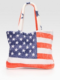 Take a bit of Americana to the beach, the woods or even the mall with this patriotic tote of plush, durable terry, screened with a slightly distressed flag motif.Double shoulder strapsInside open pocketsCotton18W X 15H X 4DMachine washMade in USA