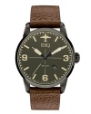 A vintage take on a classic look: an aviation-inspired timepiece from ESQ by Movado. Crafted of dark brown distressed leather strap and round gray PVD-finished stainless steel case. Black aviation-inspired dial with applied stick indices, numerals at three, six and nine o'clock, date window at four o'clock, three hands and plane logo at twelve o'clock. Swiss quartz movement. Water resistant to 50 meters. Two-year limited warranty.