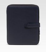 A sleek and compact casing designed in pebbled leather with plush velvet lining to prevent scratching and securely hold your iPad in place. Fits all iPad models Form-fitted construction Zip/button closure Leather/velvet 8W X 10H X ¾D Imported 