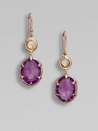 A pretty mix of green gold citrine and amethyst set in sterling silver and 18k gold, finished in the warmth of 18k rose goldplating. Green gold citrineAmethyst18k gold and sterling silver with 18k rose goldplatingDrop, about 1.37French wire backImported 