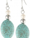 Sterling Silver Turquoise Oval Bead and Freshwater Cultured Pearl Drop Earrings