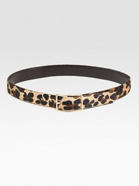 Leopard-print Italian hair calf reverses to smooth semi-gloss leather with brass hardware for an easy, multipurpose look. About 1¼ wide Nubuk calf lining Made in USA 