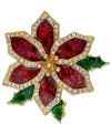 A lovely pin for the season. Charter Club's poinsettia pin stuns with red and green glitter and glass crystal shine. Crafted in gold tone mixed metal. Approximate diameter: 1-3/4 inches.