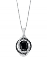 Adorn your neckline with sweet, swirling sparkle. This oval-shaped pendant highlights an onyx gemstone at center (8 mm x 10 mm) with surrounding rows of round-cut white diamonds (1/2 ct. t.w.) and black diamond accents. Set in sterling silver. Approximate length: 18 inches. Approximate drop: 1 inch.