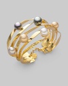 From the Ribbon Collection. Graceful golden ribbons, some smooth, some textured, hold lustrous pearls in a spectrum of soft shades. 10mm round white, grey, nuage and champagne man-made organic pearls 18k goldplated sterling silver Diameter, about 2¼ Width, about 1½ Lobster clasp Made in Spain