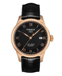 Elegance embodied in a sleek design, by Tissot. The Le Locle watch is crafted of black leather strap and round rose-gold PVD plated stainless steel case. Black dial with textured inner dial features rose-gold tone applied Roman numerals, minute track, rose-gold tone three hands, date window at three o'clock and logo at twelve o'clock. Swiss automatic movement. Water resistant to 30 meters. Two-year limited warranty.