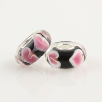 Black Love Pink Hearts Murano Style Glass Bead Solid 925 Sterling Silver Core for Pandora, Biagi, Chamilia, Troll and More Bracelets