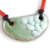 Painted Aqua Green Lotus With Fine Gold Detail - Cherry Red Woven Accents - Half Moon Crest Gray Musk Hand Made Ceramic Pendant - Dark Brown Adjustable Necklace