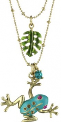 Betsey Johnson Teal and Gold Frog Pendant Necklace Two-Row Necklace