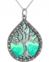 Sterling Silver Marcasite and Blue Epoxy Tree of Life Pendant Necklace, 18