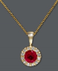 Crimson chic. Effy Collection's stunning circle pendant features a round-cut ruby (3/8 ct. t.w.) surrounded by a halo of sparkling diamond accents. Setting and chain crafted in 14k gold. Approximate length: 18 inches. Approximate drop: 1/2 inch.