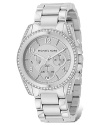 MICHAEL Michael Kors chronograph bracelet watch in stainless steel with clear stone bezel. Light silver dial with hour stick indices and Arabic numbers.