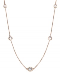 Layer yourself with inches of sparkle. This delicate necklace is crafted in 14k rose gold over sterling silver, with round-cut white topaz stations (9 ct. t.w.). Approximate length: 36 inches.