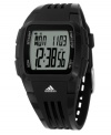 Get the ultimate in sporty style with this watch by adidas. Black polyurethane strap and square polycarbonate case. Logo at bezel. Positive display digital dial with time, seconds, date, day and alarm. Quartz movement. Water resistant to 50 meters. Two-year limited warranty.