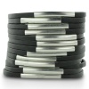 MULTI SPLIT LEATHER W/METAL BLK Black Shredded Leather and Silver Tone Accented Cuff Bracelet