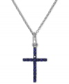 A good-looking way to express your faith. EFFY Collection's stunning cross pendant is decorated by round-cut sapphires (1/6 ct. t.w.) and pave diamond accents. Set in 14k white gold with black rhodium plating on the pendant. Approximate length: 18 inches. Approximate drop length: 4/5 inch. Approximate drop width: 2/5 inch.