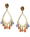 Bohemian style from Lauren Ralph Lauren. These gypsy earrings flaunt a teardrop hoop with dangling genuine amethyst, tiger's eye and carnelian beads. Crafted in 14k gold plated mixed metal. Approximate drop: 2-1/4 inches. Approximate diameter: 1 inch.