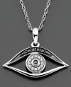 An evil eye pendant that gleams with drama. Features black and white round-cut diamonds (1/10 ct. t.w.) set in 14k white gold.  Approximate length: 18 inches. Approximate drop length: 1/2 inch. Approximate drop width: 3/4 inch.