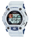 By land or by sea, this G-Shock watch stands strong. White resin strap and round case. Logo and four lugs at bezel. Shock-resistant and low temperature-resistant digital display dial features tide graph, auto EL backlight with afterglow, flash alert, moon data, world time, four daily alarms, one snooze timer and countdown timer. Quartz movement. Water resistant to 200 meters. One-year limited warranty.