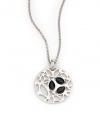 THE LOOKMedallion pendant with cutoutsOval stone accentsRhodium-plated sterling silver settingLobster claspTHE MEASUREMENTPendant diameter, about 1.25Length, about 16.5ORIGINImported