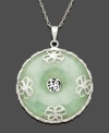 The look of ultimate serenity. This peaceful style highlights a circular jade stone (25 mm) with an intricate floral overlay in sterling silver. Approximate length: 18 inches. Approximate drop: 1-1/4 inches.