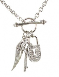 Silver Rhodium Plated Juicy Inspired Crystal Pavé Padlock, Key and Angel Wing Multicharm Front Toggle Couture Necklace