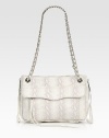 Silver-toned chain hardware denotes a modern design in this impeccably-crafted lizard-embossed leather shape. Double chain shoulder straps, 11¾ dropMagnetic snap closureOne outside flap-zip pocketProtective metal feetOne inside zip compartmentOne inside zip pocketTwo inside open pocketsCotton lining11¼W X 8¼H X 4DImported