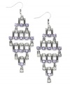 Dust your shoulders with diamond-shaped drops. Bar III's stunning earrings feature round-cut clear and violet-colored acrylic crystals in an intricate pattern. Set in burnished silver tone mixed metal. Approximate drop length: 2-3/4 inches. Approximate drop width: 1-3/16 inches.