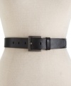 A rich, leather belt with gunmetal hardware and logo-embossed loop gives you a leg up on the competition. By Calvin Klein.