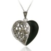 Sterling Silver Genuine Marcasite & Onyx Heart Locket Necklace, 18