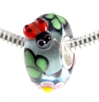 Red Ladybug 3-D Flower Garden Handcrafted Bead, Quality 925 Sterling Silver Full Core Pandora Style Charm Bracelet Bead