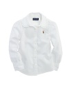 A preppy shirt in crisp cotton oxford is designed with stylish ruffles for a girlie look.