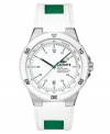 Break out your tennis whites and hit the court with this Toronto watch by Lacoste. White leather and green canvas strap with round stainless steel case. White resin bezel with black numerals. White dial features black numerals and stick indices at markers, minute track, date window at six o'clock, black hour and minute hands, green second hand and logo. Quartz movement. Water resistant to 50 meters. Two-year limited warranty.