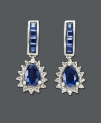 Dramatic dangling earrings are just the finishing touch. These royalty-inspired earrings feature pear-cut and square-cut sapphire (2-1/2 ct. t.w.) and round-cut diamond (1/4 ct. t.w.). Set in 14k white gold. Approximate drop: 1 inch.