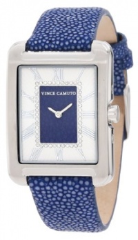 Vince Camuto Women's VC/5035SVBL Leather Rectangle Swarovski Crystal Accented Dial Silver-Tone Blue Stingray Strap Watch