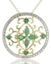 Yellow Gold Plated Sterling Silver Emerald Flower Pendant and Diamond Accent, 18