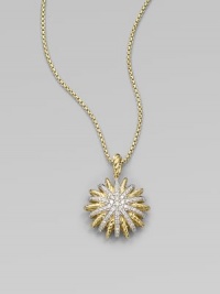 From the Starburst Collection. A celestial-inspired style in radiant 18k gold with dazzling diamonds on a box link chain. 18k goldDiamonds, .34 tcwLength, about 16 to 17 adjustablePendant size, about ¾ Lobster clasp closureImported 