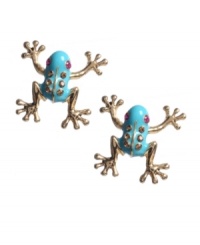 Add a little extra leap to your look. Betsey Johnson's hopping frog studs feature blue enamel and red crystal accents. Crafted in antique gold tone mixed metal. Approximate diameter: 1-1/4 inches.