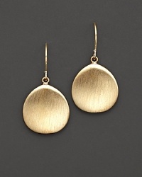 Chic disc drop gold earrings with a satin finish.