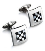 Ready, set, style! The perfect accent for the fashionable business man, these sleek square cuff links feature a sterling silver setting with an onyx (10-3/4 ct. t.w.) and Mother of Pearl checkerboard center. Approximate diameter: 5/8 inch.