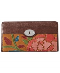 Pretty practical. Fossil brings a fresh outlook to the everyday with this rich leather clutch, featuring signature detailing and colorful floral design. Ideally sized to slip inside a handbag, it boasts plenty of pockets and compartments for all the essentials.