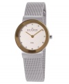 Classic Skagen Denmark style with subtle shine. This gorgeous bracelet features a stainless steel mesh bracelet and round case. Goldtone bezel. White dial with logo and Swarovski crystal accents at markers. Quartz movement. Water resistant to 30 meters. Limited lifetime warranty.