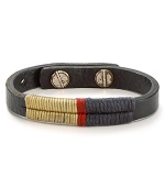 Waxed wraparound threads bring colorful contrast to this naturally smooth, metal-studded Vachetta leather bracelet.