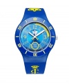 Tangled up in blue. Vibrant Taylor watch by Juicy Couture crafted of blue synthetic jelly bracelet with yellow logo and round  plastic case with yellow numerals and crown logo at bezel. Blue dial features yellow numerals, minute track, Watch Your Couture at six o'clock, crown logo at center and three luminous hands. Quartz movement. Water resistant to 30 meters. Two-year limited warranty.