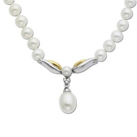 S&G Sterling Silver and 14k Yellow Gold Freshwater Cultured Pearl and Diamond Drop Necklace (0.01cttw, I-J Color, I3 Clarity), 17