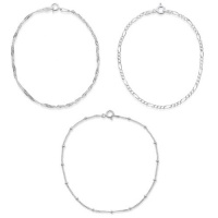 Sterling Silver Set of Three: Twisted 035-Gauge Singapore, 060-Gauge Figaro and Thin Link with Bead Stations Chain Bracelets, 7