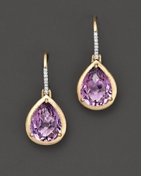 A beautiful faceted teardrop amethyst drop earrings in 14 Kt. yellow gold with diamond accents.